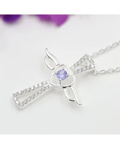 925 Silver Tanzanite & Swarovski Crystal Angel Wings Cross Pendant