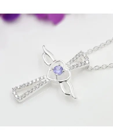 Tanzanite & Swarovski Crystal Angel Wings Cross Pendant – 925 Silver Jewelry