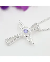 925 Silver Tanzanite & Swarovski Crystal Angel Wings Cross Pendant