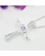 Tanzanite & Swarovski Crystal Angel Wings Cross Pendant – 925 Silver Jewelry