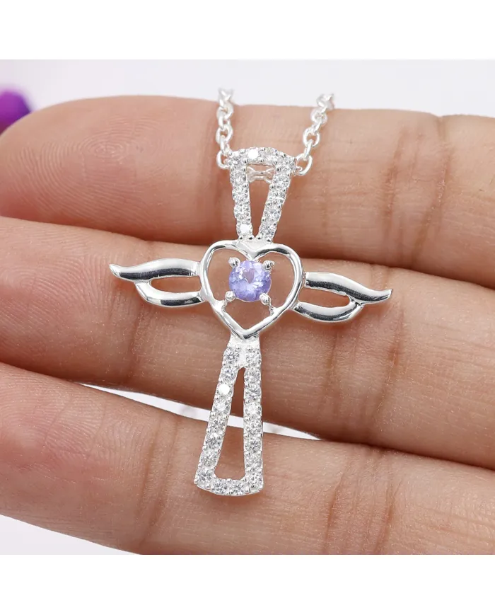 925 Silver Tanzanite & Swarovski Crystal Angel Wings Cross Pendant