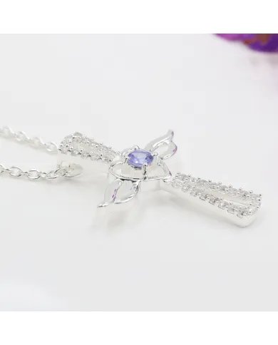 Tanzanite & Swarovski Crystal Angel Wings Cross Pendant – 925 Silver Jewelry