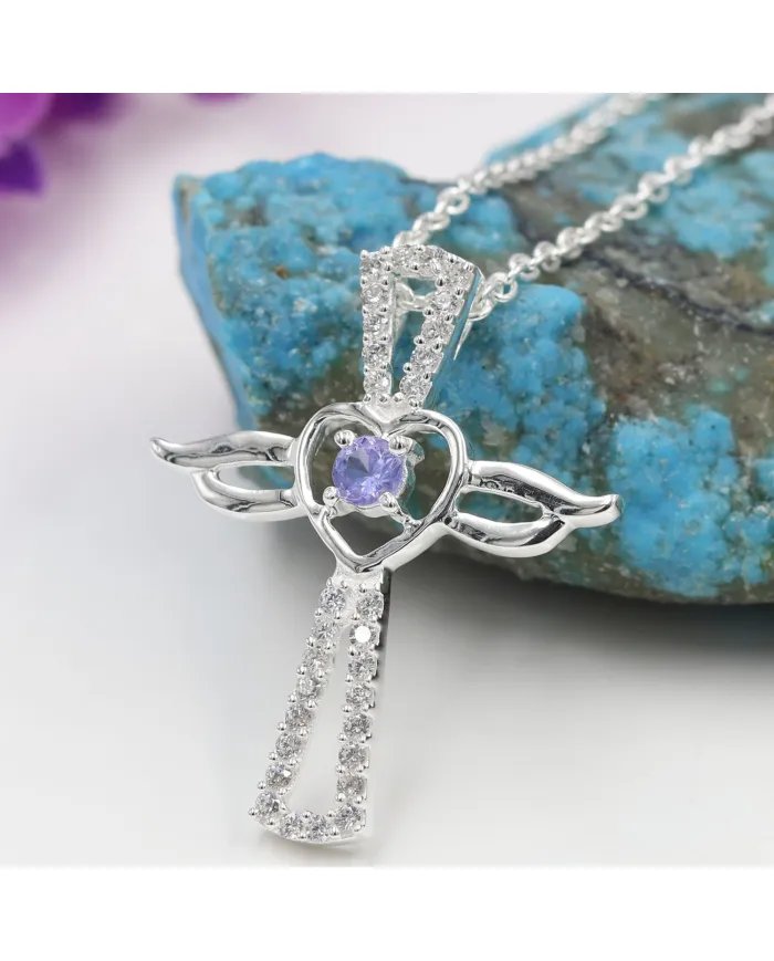 Tanzanite & Swarovski Crystal Angel Wings Cross Pendant – 925 Silver Jewelry