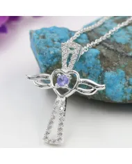 925 Silver Tanzanite & Swarovski Crystal Angel Wings Cross Pendant