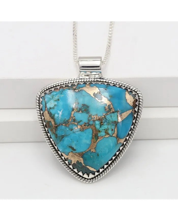 Blue Copper Turquoise Pendant - 925 Sterling Silver Bohemian Necklace