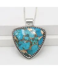 Blue Copper Turquoise Pendant - 925 Sterling Silver Bohemian Necklace