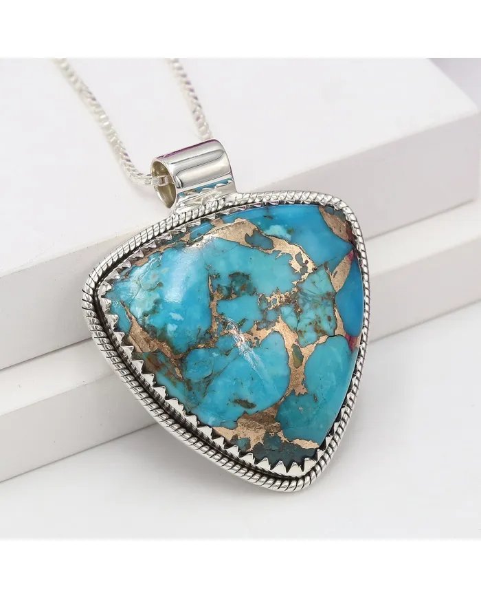 Blue Copper Turquoise Pendant - 925 Sterling Silver Bohemian Necklace