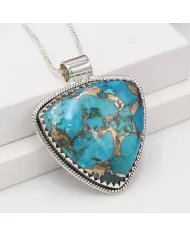 Blue Copper Turquoise Pendant - 925 Sterling Silver Bohemian Necklace
