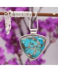 Blue Copper Turquoise Pendant - 925 Sterling Silver Bohemian Necklace