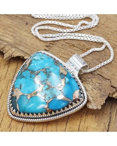 Blue Copper Turquoise Pendant - 925 Sterling Silver Bohemian Necklace