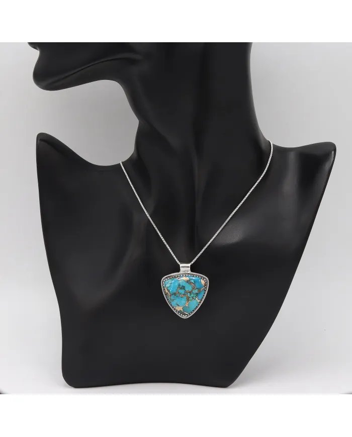 Blue Copper Turquoise Pendant - 925 Sterling Silver Bohemian Necklace