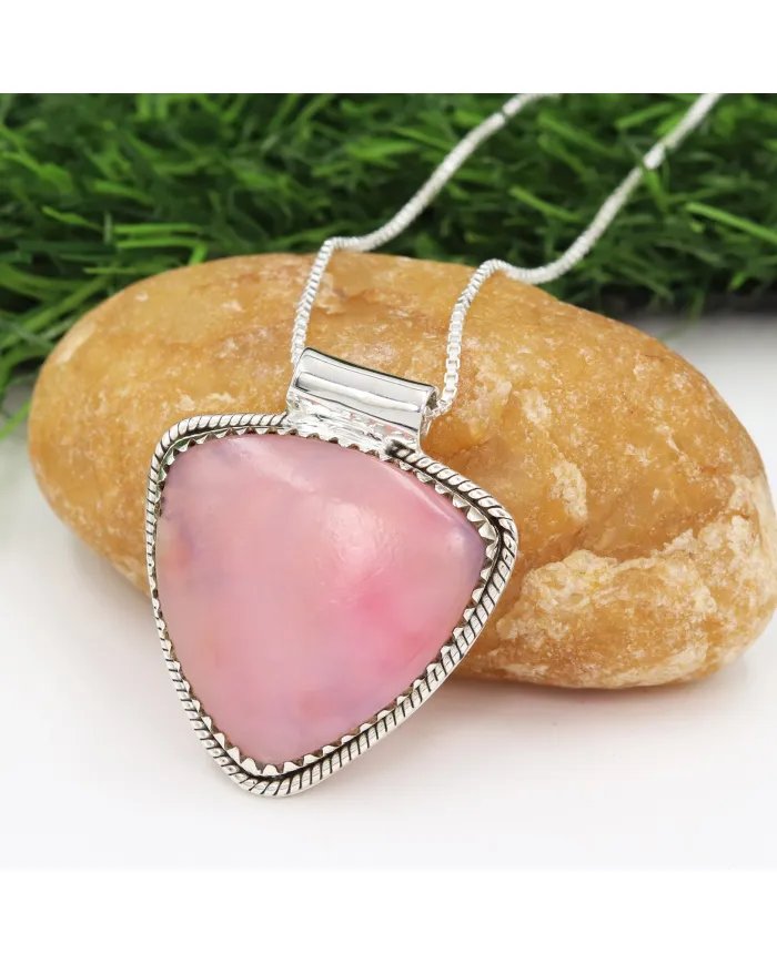 Pink Opal Pendant - 925 Sterling Silver Statement Bohemian Necklace