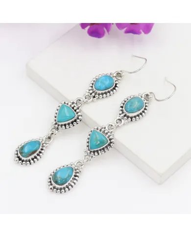 Natural Blue Turquoise Earrings - Handmade 925 Silver Boho Jewelry