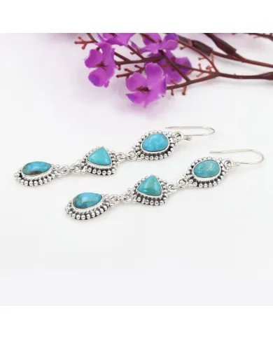Natural Blue Turquoise Earrings - Handmade 925 Silver Boho Jewelry