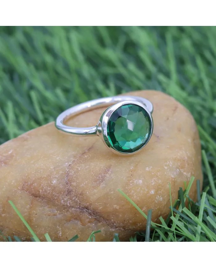 Green Glass Gemstone Ring - 925 Sterling Silver Handmade Jewelry