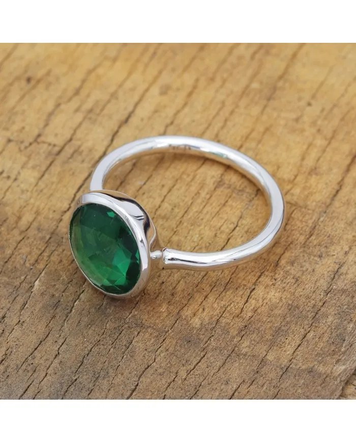 Green Glass Gemstone Ring - 925 Sterling Silver Handmade Jewelry