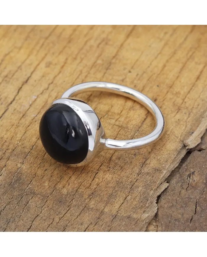 Natural Black Onyx Ring - 925 Sterling Silver Handmade Cabochon Jewelry