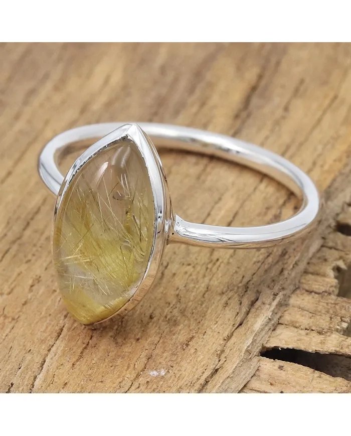 Rutilated Quartz Gemstone Ring - 925 Sterling Silver Handmade Jewelry