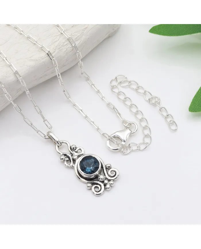 London Blue Topaz Pendant - 925 Sterling Silver Handcrafted Jewelry