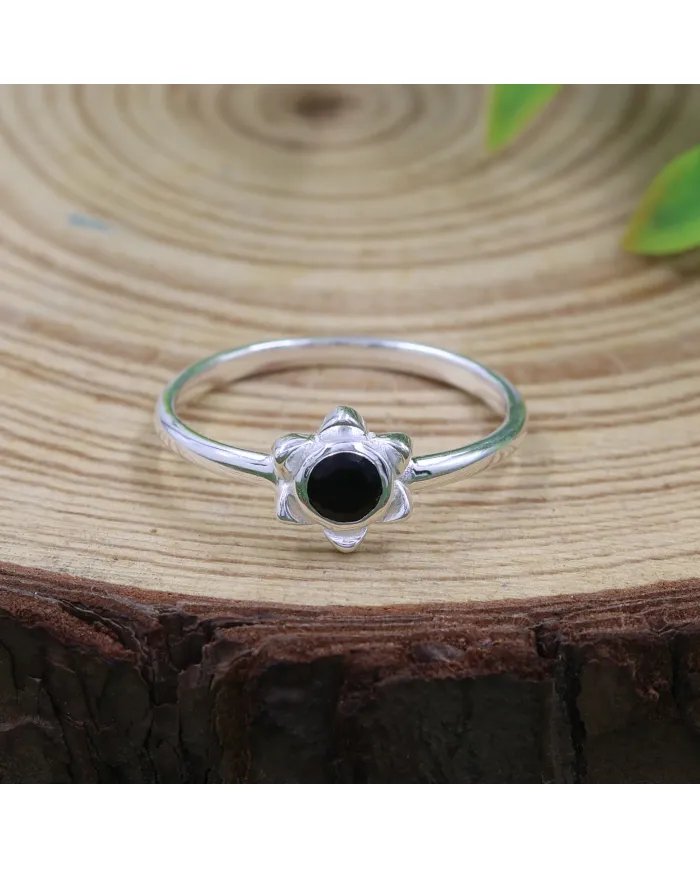 Black Onyx Promise Ring - 925 Sterling Silver Flower Shaped Jewelry
