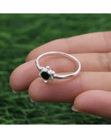 Black Onyx Promise Ring - 925 Sterling Silver Flower Shaped Jewelry