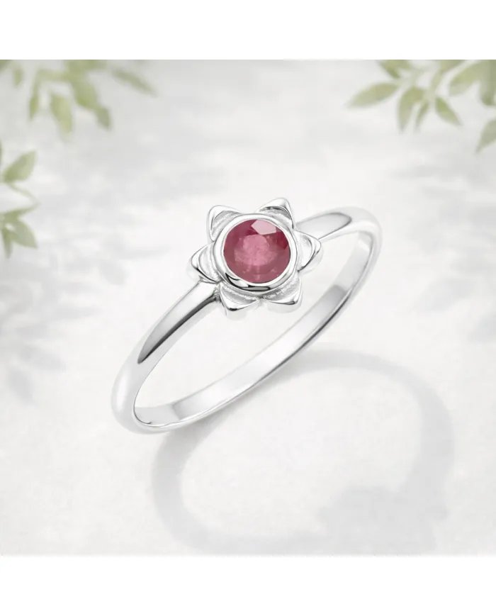 Natural Ruby Ring - 925 Sterling Silver Handmade Flower Shaped Jewelry