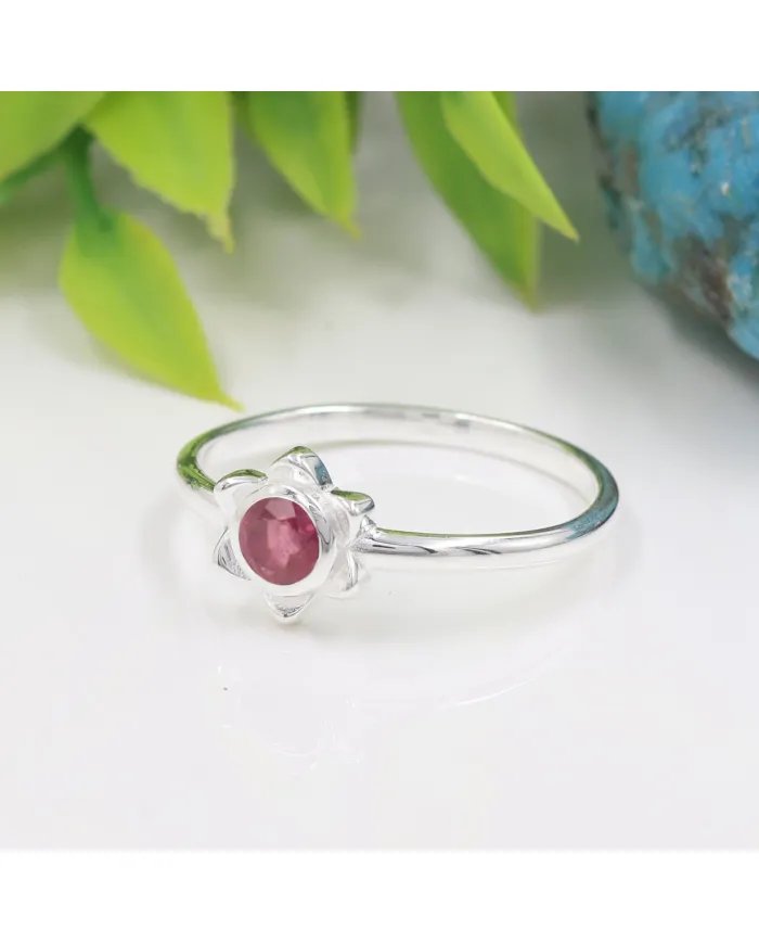 Natural Ruby Ring - 925 Sterling Silver Handmade Flower Shaped Jewelry