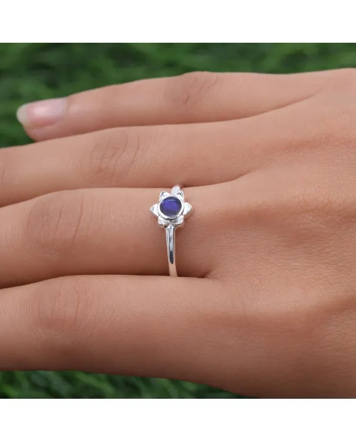 Natural Blue Sapphire Flower Ring – 925 Sterling Silver Handmade Jewelry