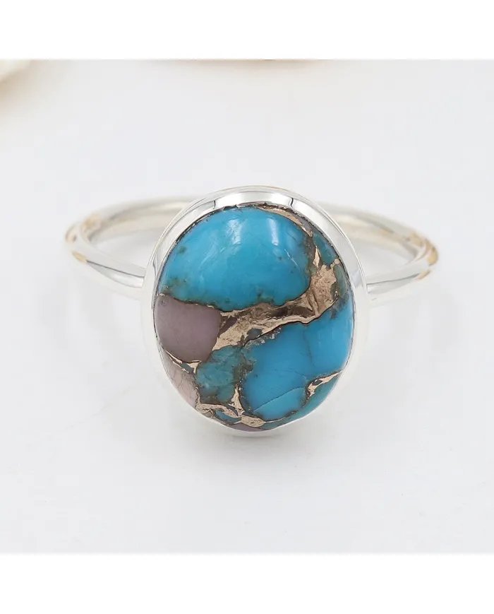 Blue Copper Turquoise Ring - 925 Sterling Silver Handmade Jewelry