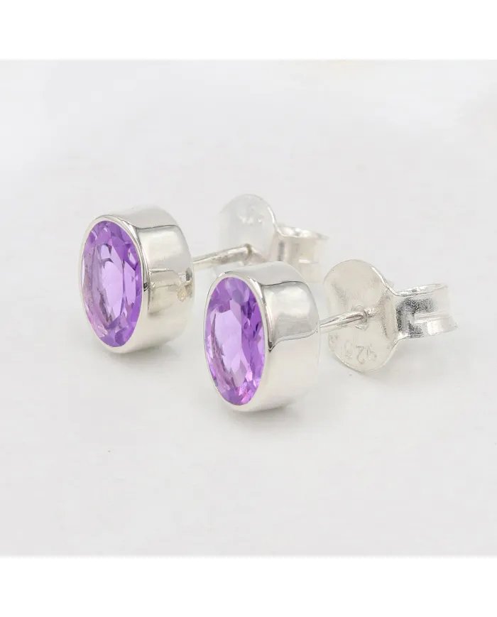 Amethyst Stud Earrings - Handmade 925 Sterling Silver Jewelry