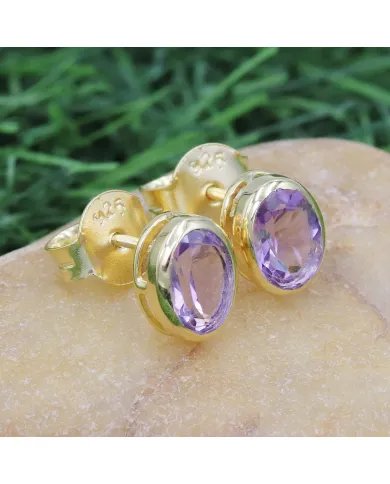 Amethyst Stud Earrings - 925 Sterling Silver Gold Plated Handmade Jewelry