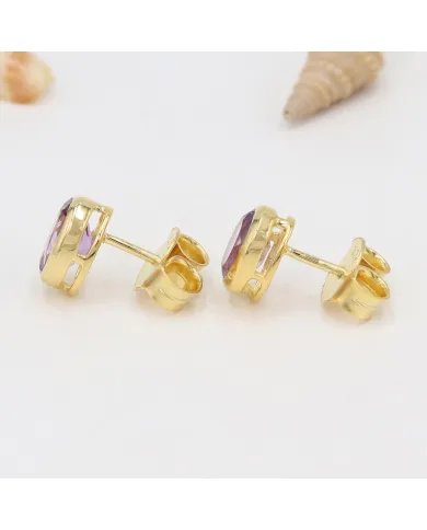 Amethyst Stud Earrings - 925 Sterling Silver Gold Plated Handmade Jewelry