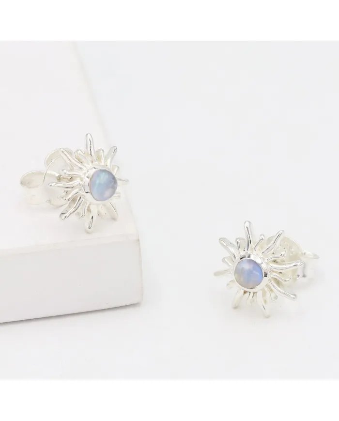 Rainbow Moonstone Sunburst Studs – Handmade 925 Sterling Silver Jewelry