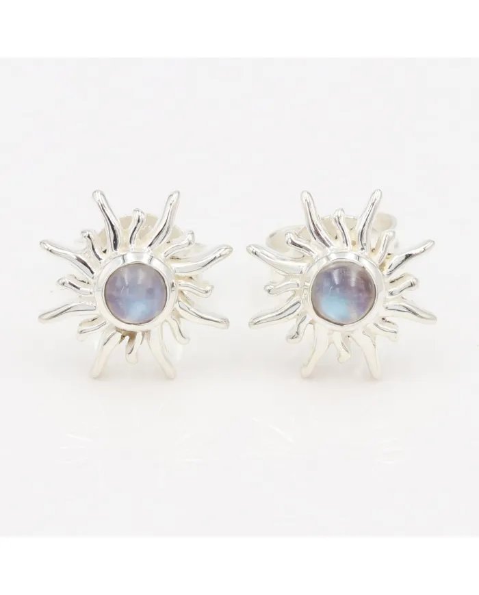 Rainbow Moonstone Sunburst Studs – Handmade 925 Sterling Silver Jewelry