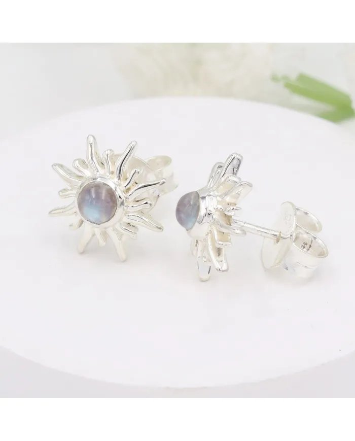 Rainbow Moonstone Sunburst Studs – Handmade 925 Sterling Silver Jewelry