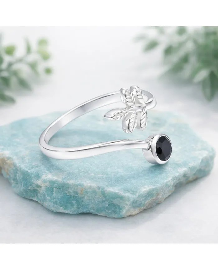 Black Onyx Open Band Ring - 925 Sterling Silver Handmade Leaf Design
