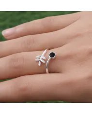 Black Onyx Open Band Ring - 925 Sterling Silver Handmade Leaf Design