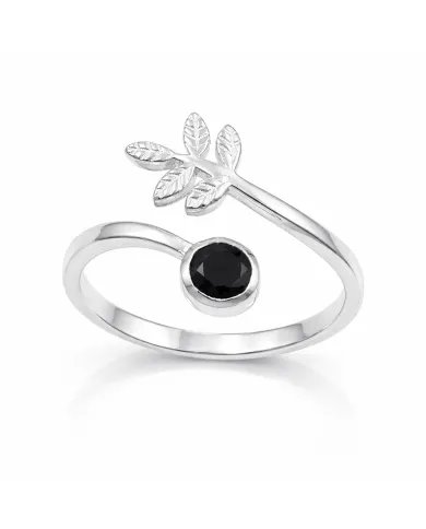 Black Onyx Open Band Ring - 925 Sterling Silver Handmade Leaf Design