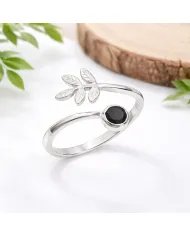 Black Onyx Open Band Ring - 925 Sterling Silver Handmade Leaf Design
