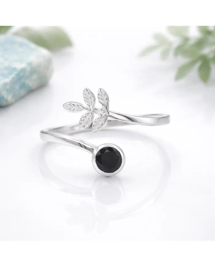 Black Onyx Open Band Ring - 925 Sterling Silver Handmade Leaf Design
