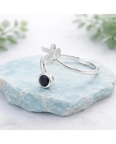 Black Onyx Open Band Ring - 925 Sterling Silver Handmade Leaf Design