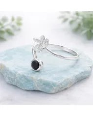 Black Onyx Open Band Ring - 925 Sterling Silver Handmade Leaf Design