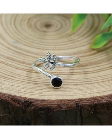 Black Onyx Open Band Ring - 925 Sterling Silver Handmade Leaf Design