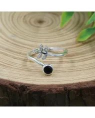 Black Onyx Open Band Ring - 925 Sterling Silver Handmade Leaf Design