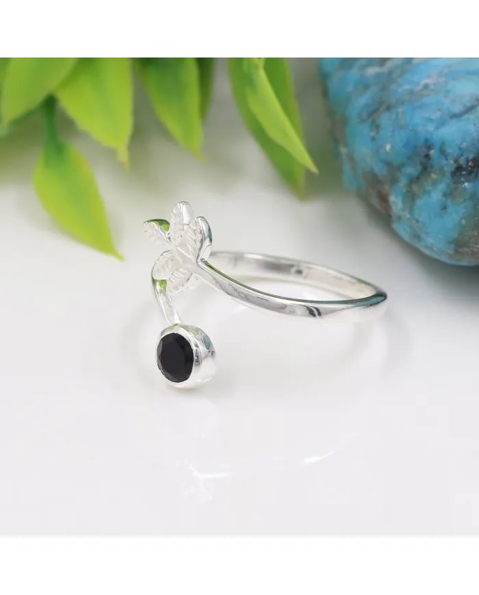 Black Onyx Open Band Ring - 925 Sterling Silver Handmade Leaf Design