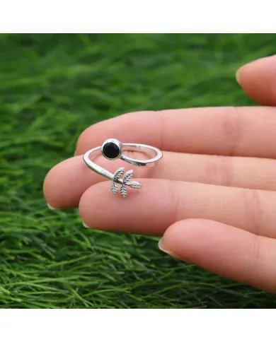 Black Onyx Open Band Ring - 925 Sterling Silver Handmade Leaf Design