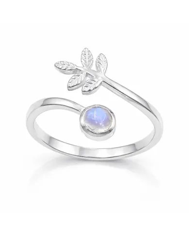 Rainbow Moonstone Open Band Ring - 925 Sterling Silver Handmade Leaf Design