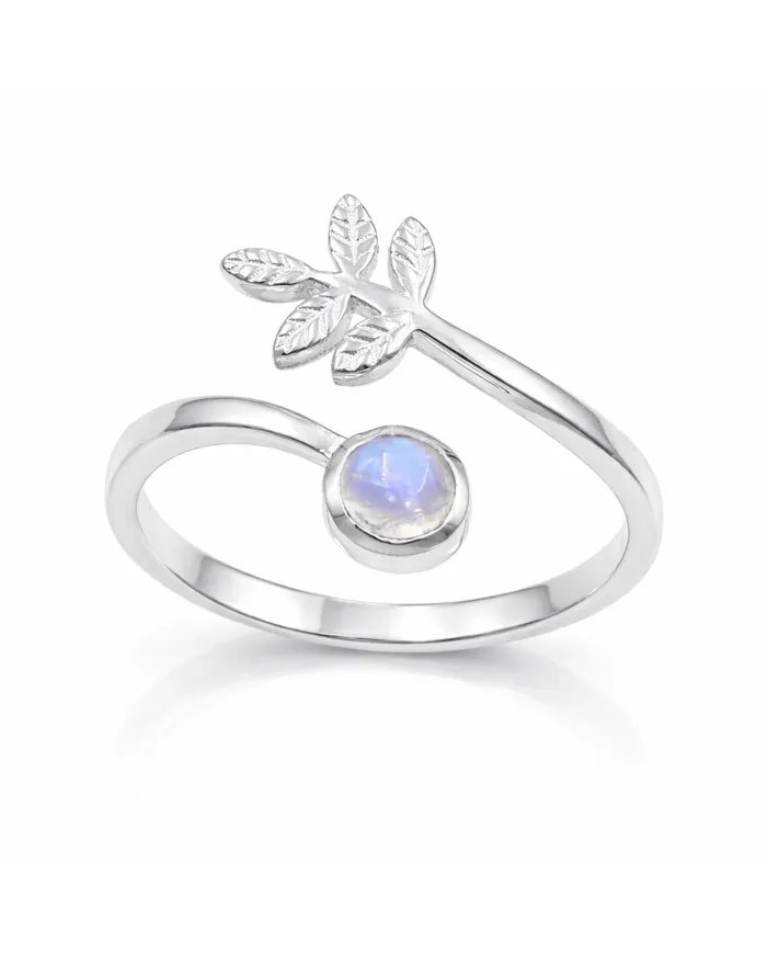 Rainbow Moonstone Open Band Ring - 925 Sterling Silver Handmade Leaf Design