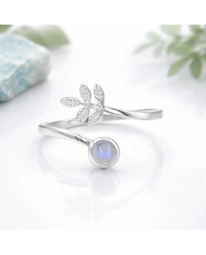 Rainbow Moonstone Open Band Ring - 925 Sterling Silver Handmade Leaf Design