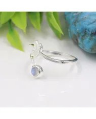 Rainbow Moonstone Open Band Ring - 925 Sterling Silver Handmade Leaf Design